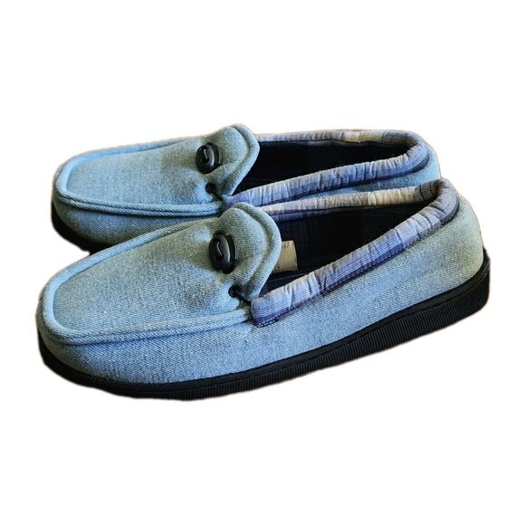 Men's Gold Toe Slippers Size 10D Blue Plaid Trim Hard Sole NEW - Picture 2 of 6